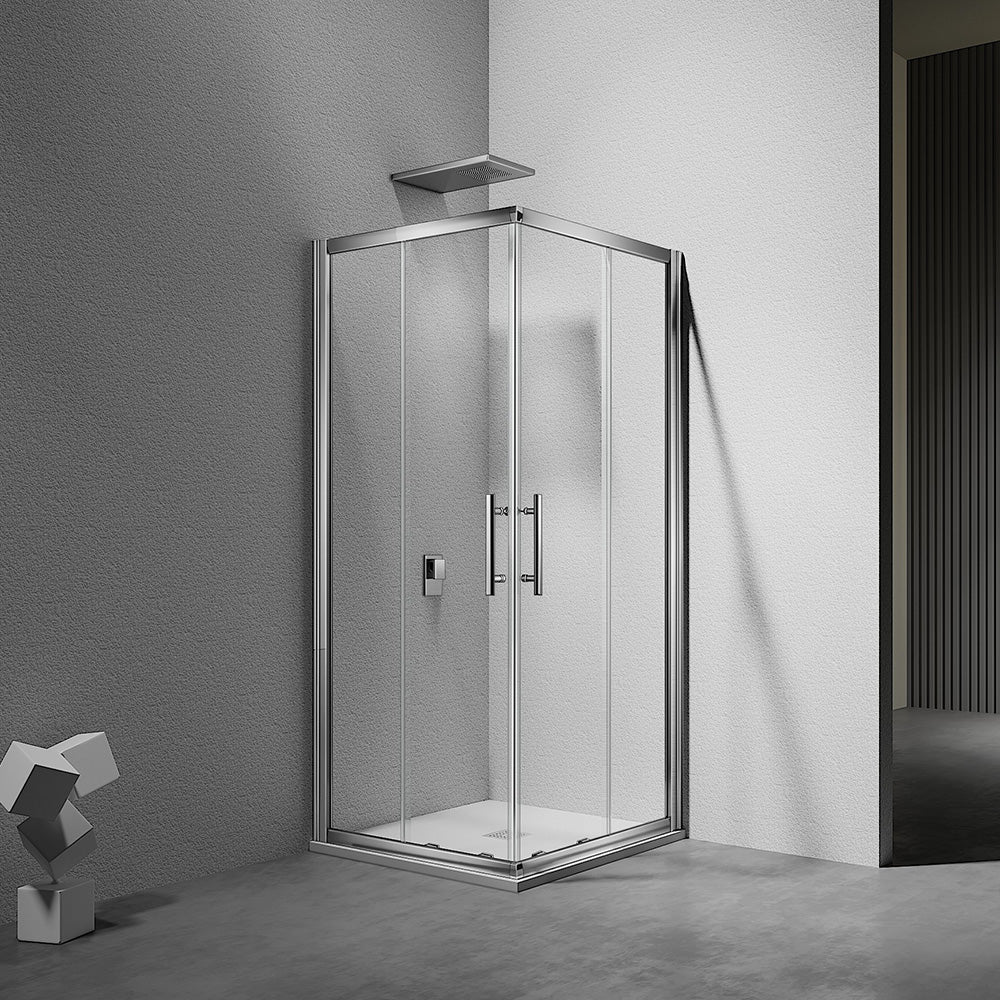 cabine de douche accès d'angle deux portes coulissantes en verre securit 6mm transparent anticalcaire avec cadre en aluminium anodisé aspect inox chromé