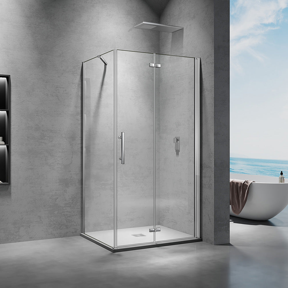 cabine de douche en verre 6mm hauteur 195cm avec paroi fixe et porte pivotante pliante