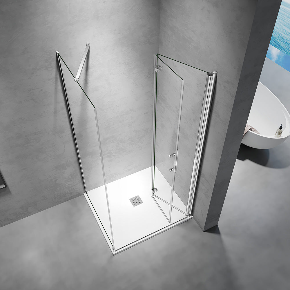 Cabine de douche en verre trempé 6mm anticalcaire hauteur 185 avec une porte pivotante pliante et une paroi fixe