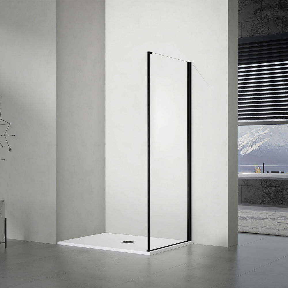 Paroi de douche fixe en verre securit transparent avec profilé mural en aluminium noir mat