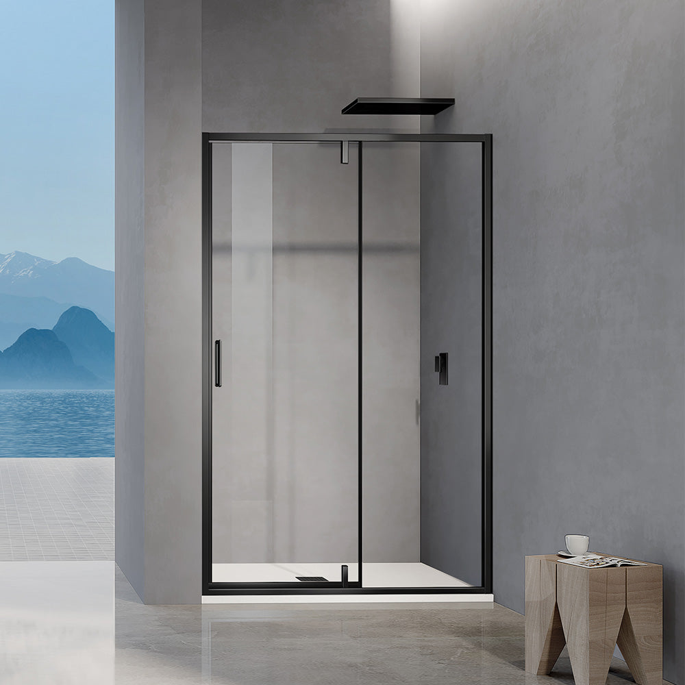Porte de douche pivotante avec cadre en alu noir mat et verre transparent
