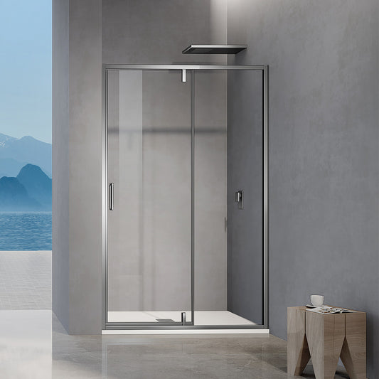 Porte de douche pivotante avec cadre chromé poli-brillant en verre transparent