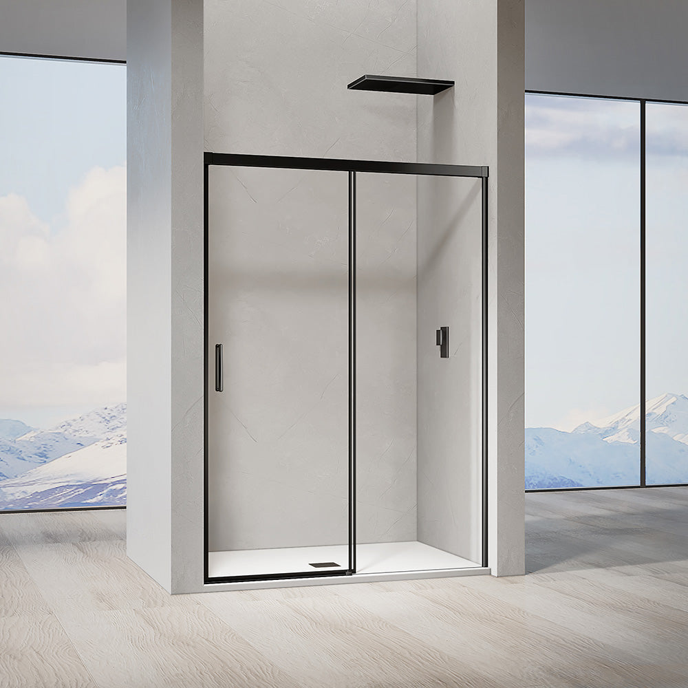 Porte de douche pour installation en niche profilés noirs mat ouverture coulissante