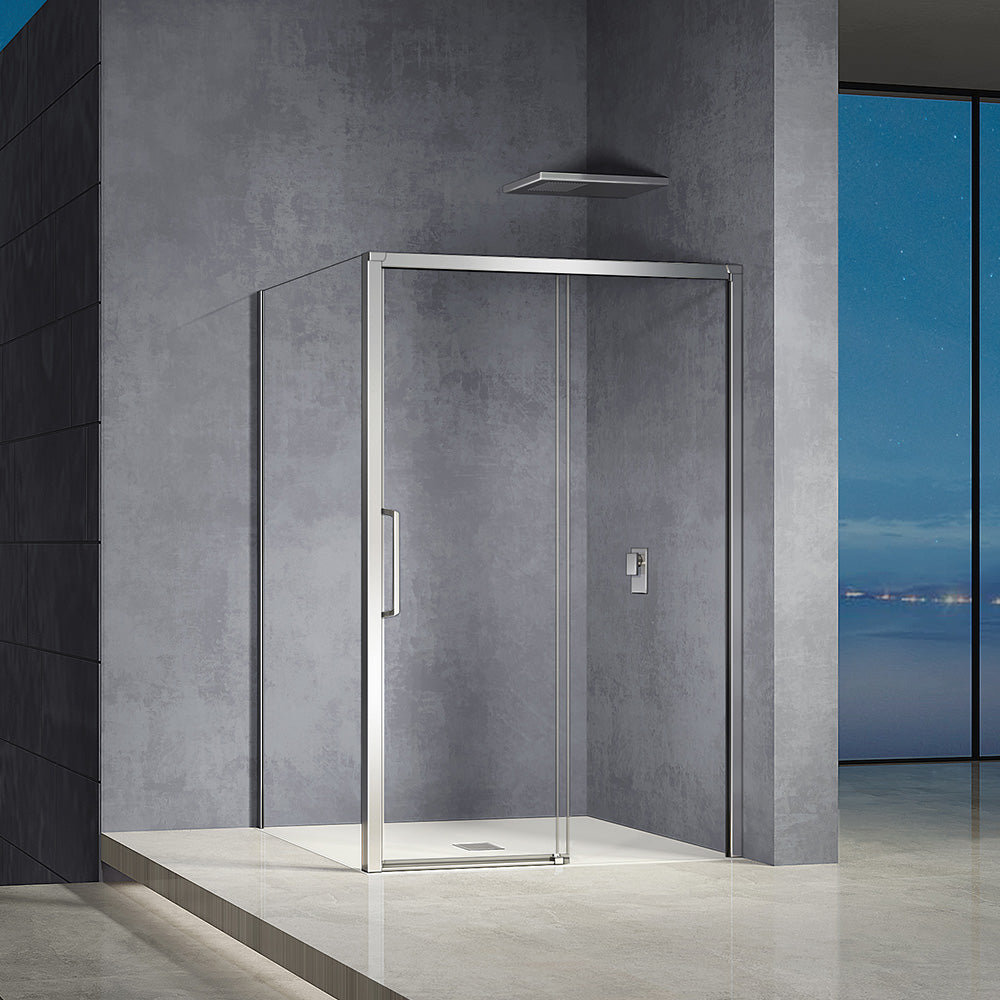 cabine de douche nouvelle collection porte coulissante et paroi latérale fixe profilés en aluminium chromé