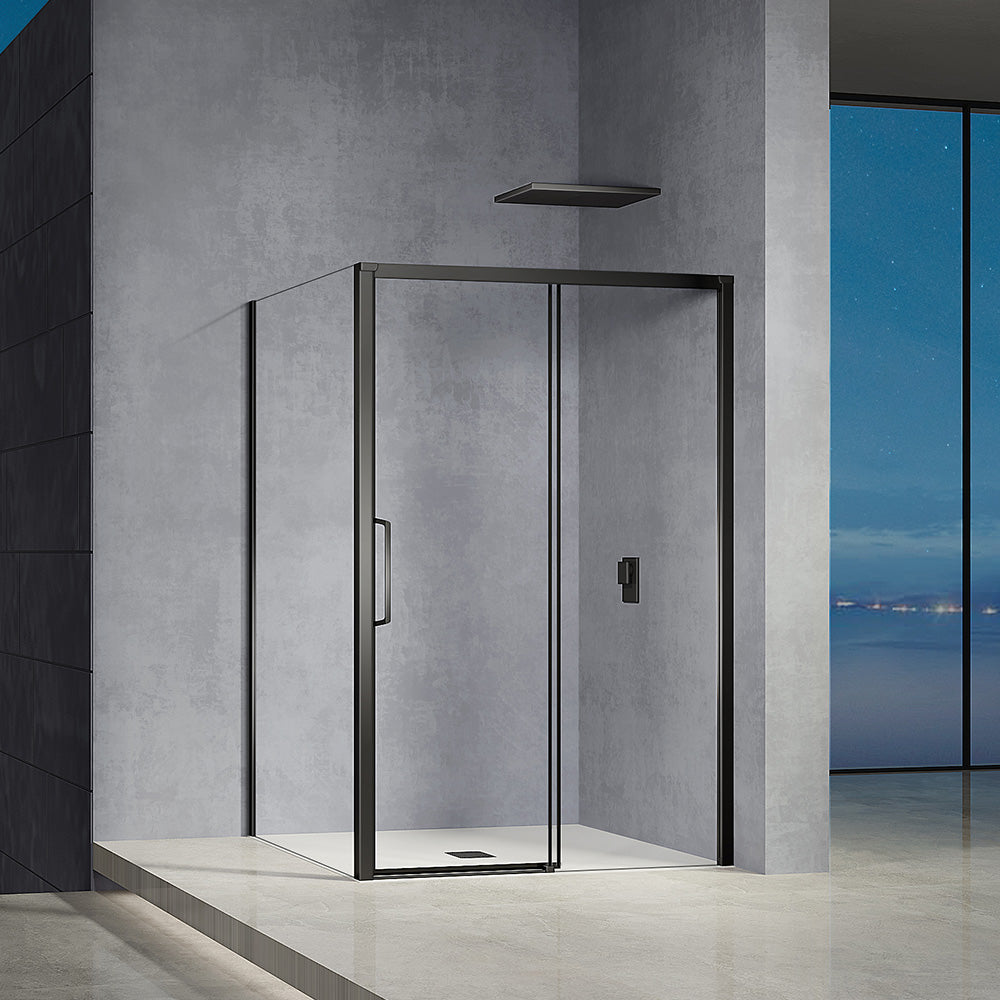 cabine de douche nouvelle collection porte coulissante et paroi latérale fixe profilés en aluminium noir mat