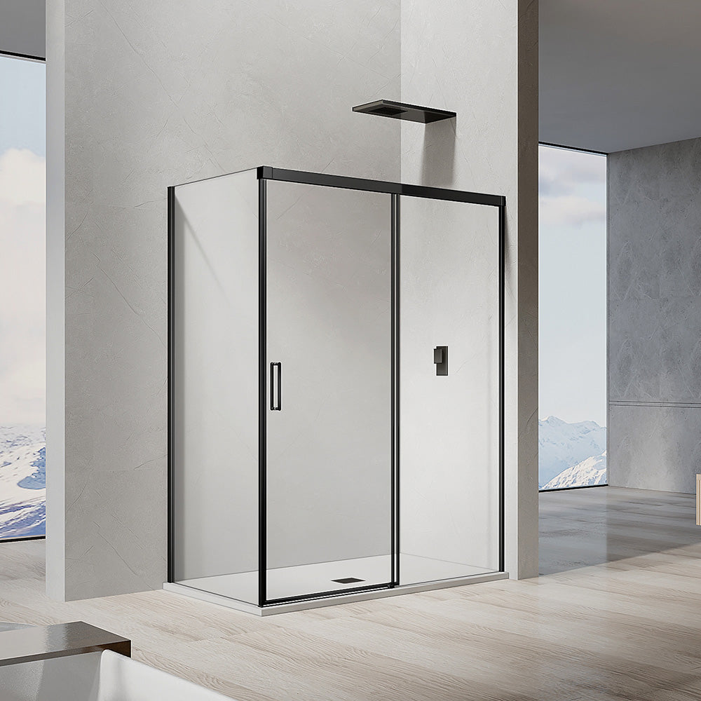 cabine de douche hauteur 195cm verre securit 8mm transparent anticalcaire avec porte coulissante et paroi latérale fixe accessoires et profilés noir mat