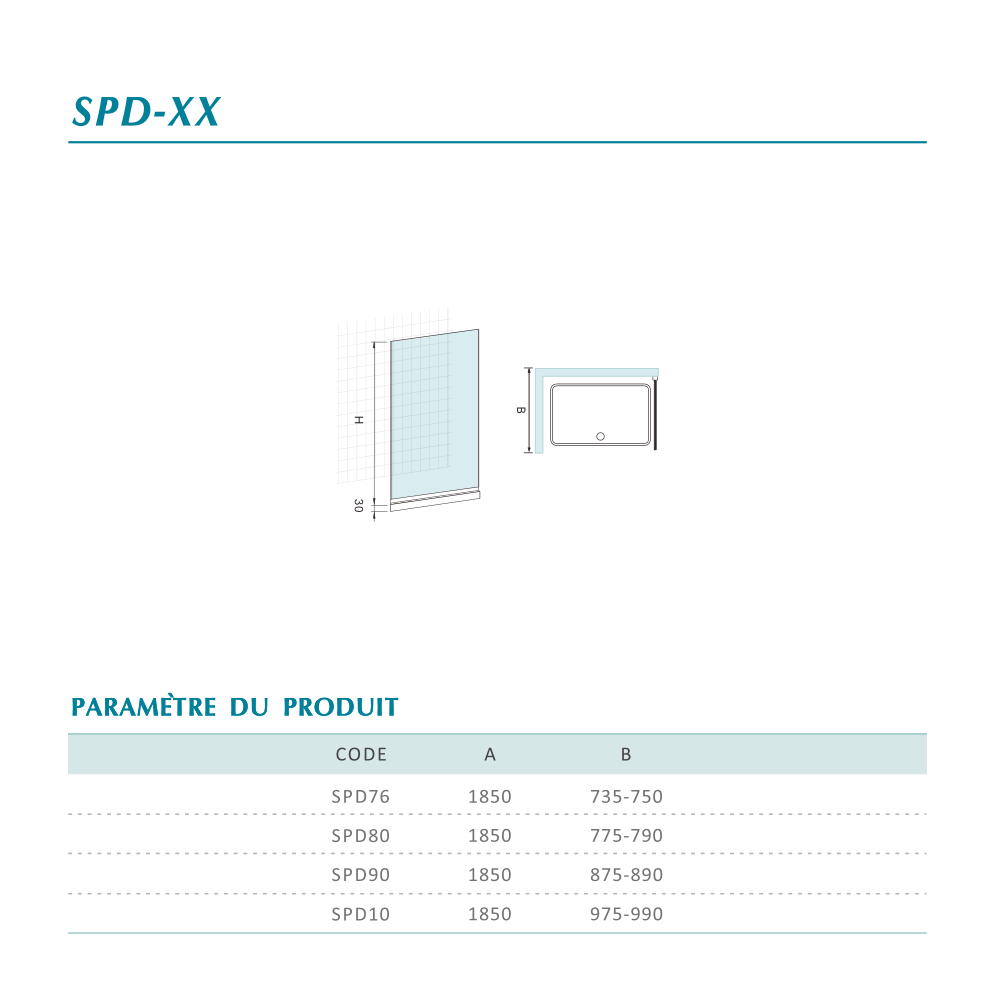 Tableau des dimensions pour paroi de douche fixe 6mm Grandverre