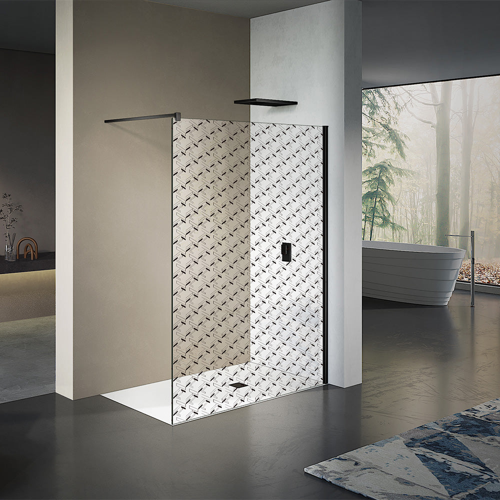 Paroi de douche italienne avec motifs imprimés en noir mat avec barre de stabilisation 90 cm