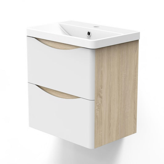 Meuble salle de bain avec lavabo en céramique blanc et sous-vasque  en MDF blanc et bois clair  49.5x34.5x50