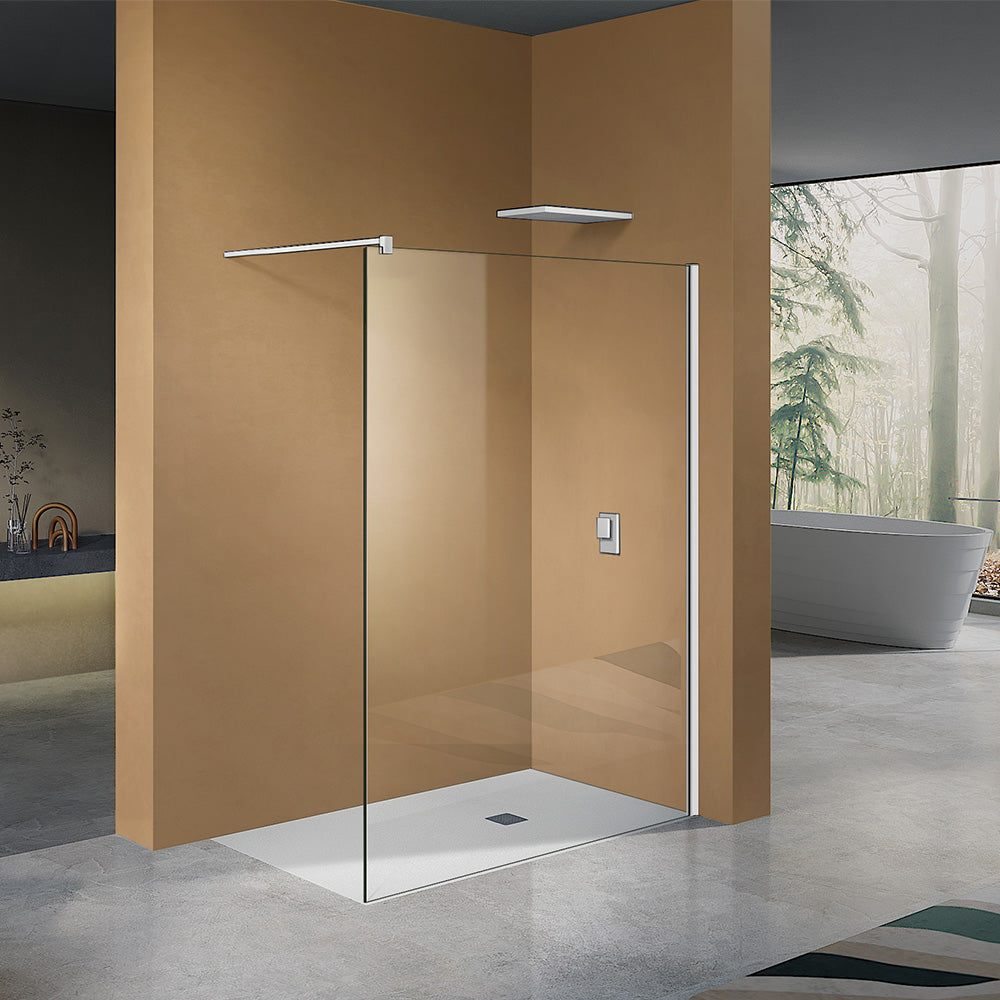 Paroi de douche walkin en verre securit 8mm transparent avec profilé mural et barre de fixation blanc mat