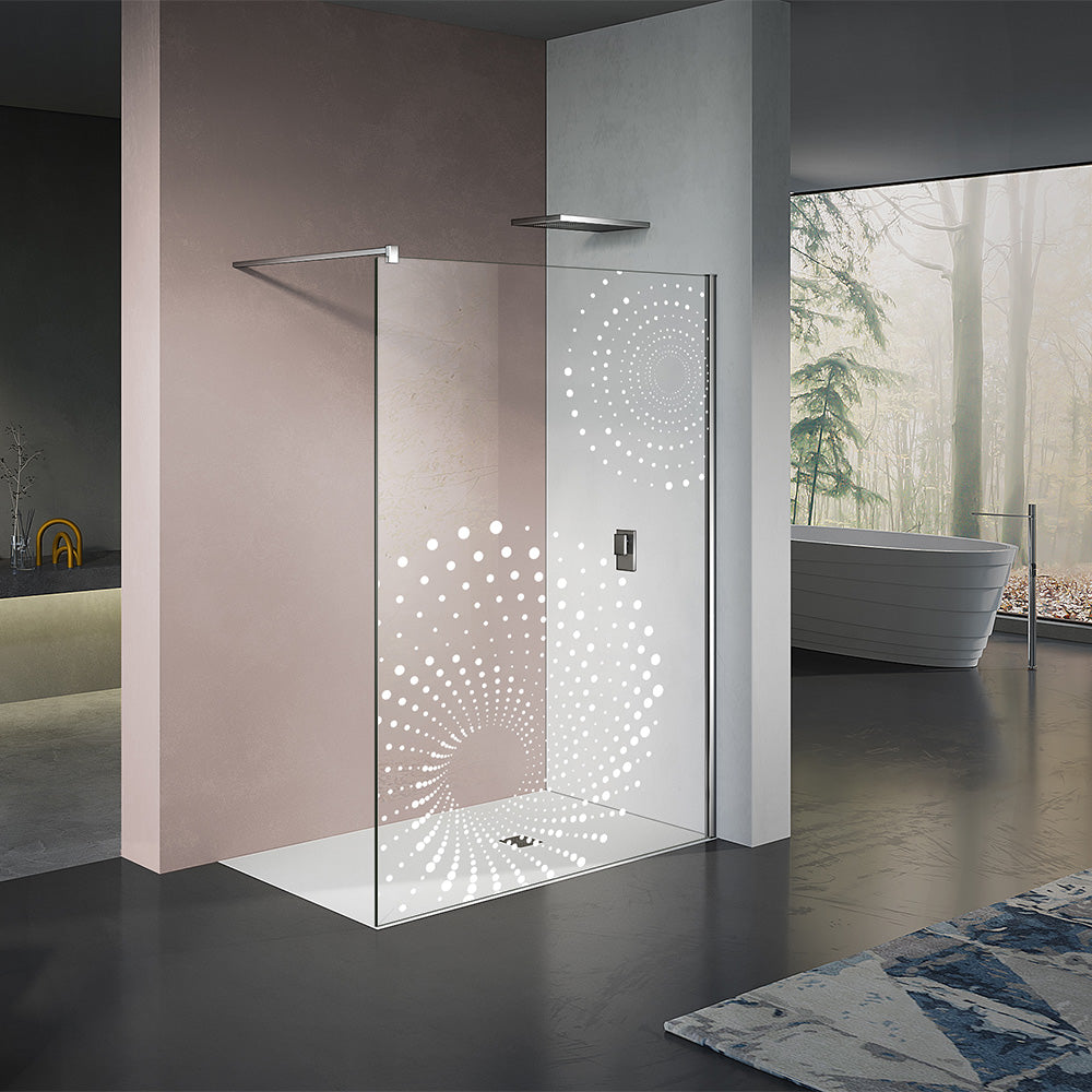 Paroi de douche italienne avec motifs en blanc avec barre de stabilisation 90 cm