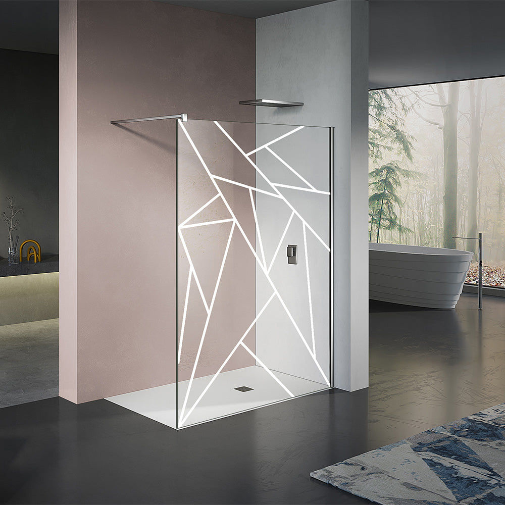 Paroi de douche italienne avec motifs en blanc modèle oblique  avec barre de stabilisation 90 cm